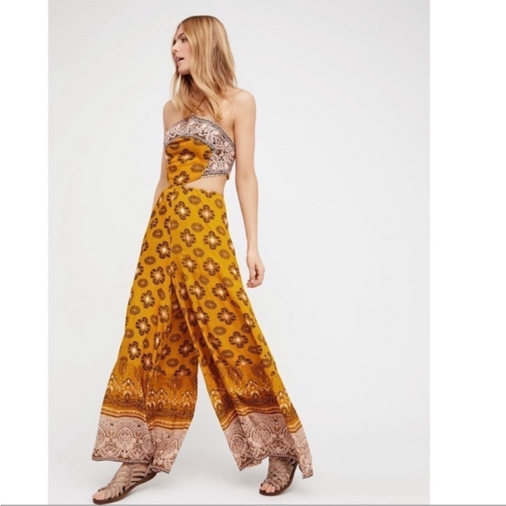 Free People Mariabelle Yellow Mustard Jumpsuit Boho Moroccan XS - Picture 1 of 15